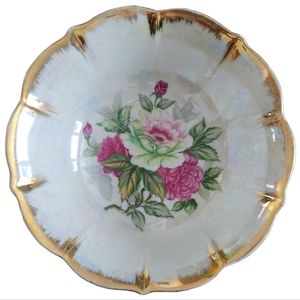 Vtg Trimont Ware Gold Accents Iridescent Porcelain Bowl Roses Leaves Buds